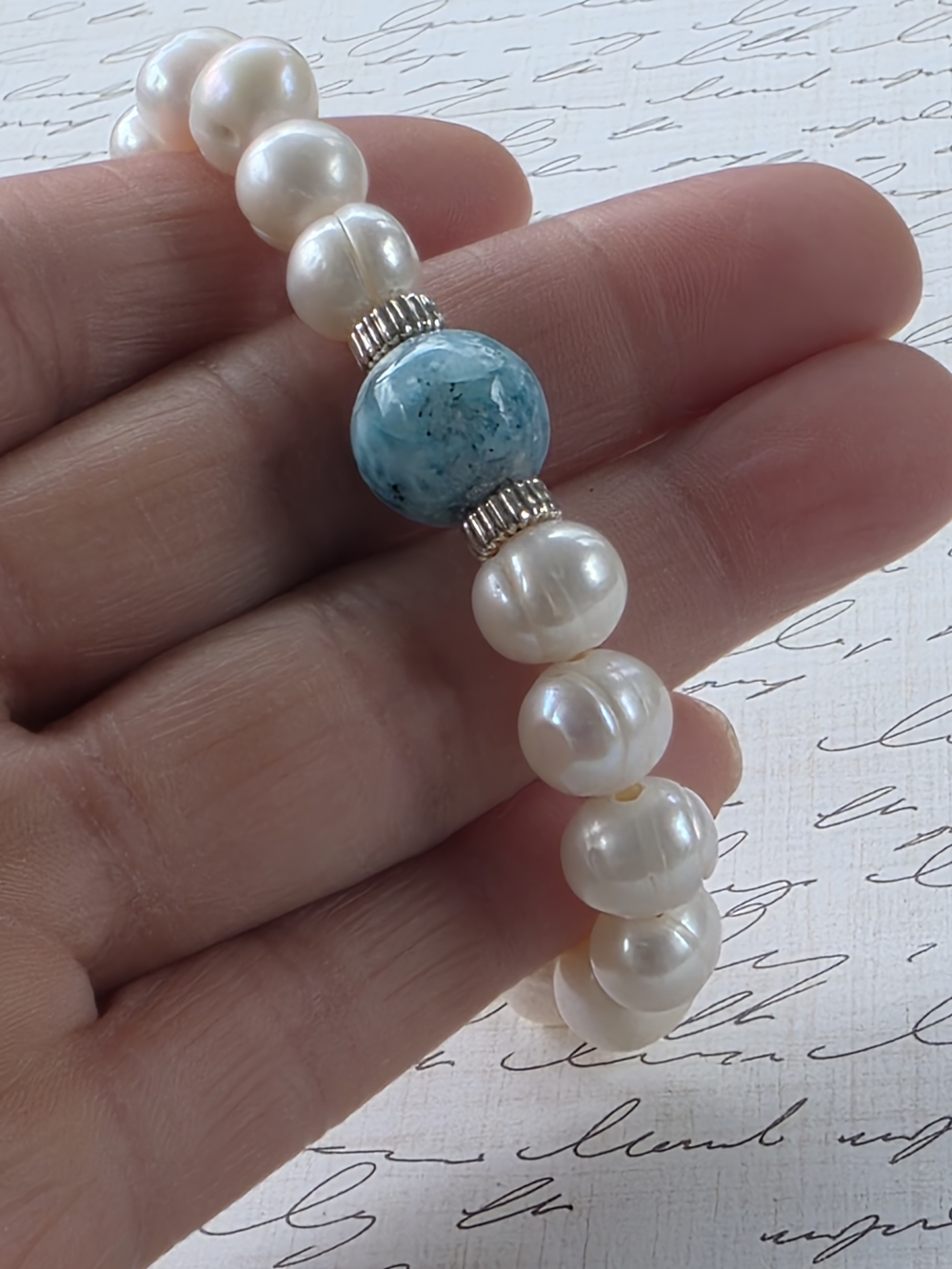 Elegant Fresh Water Pearl and Larimar Beaded Bracelet With Sterling Silver